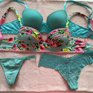 Kensie Floral Bra with Lace 32B, Aerie Bra with Lace in Aqua 32B, Thongs XS XXS